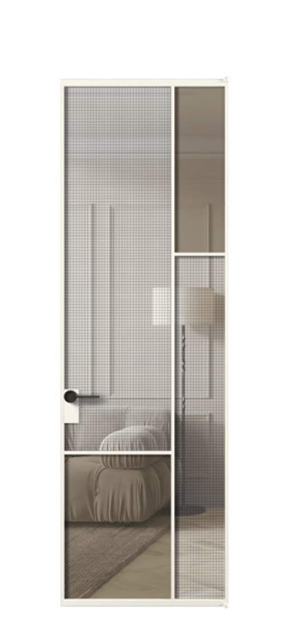 Межкомнатная дверь Mosaic АЛПЛ041.12 Алюминий пудровый белый Декоративное стекло с сеткой "Mesh silver", триплекс, 6 мм + Прозрачное бронзовое стекло, триплекс Цена 166090 ₽ | Volhovec