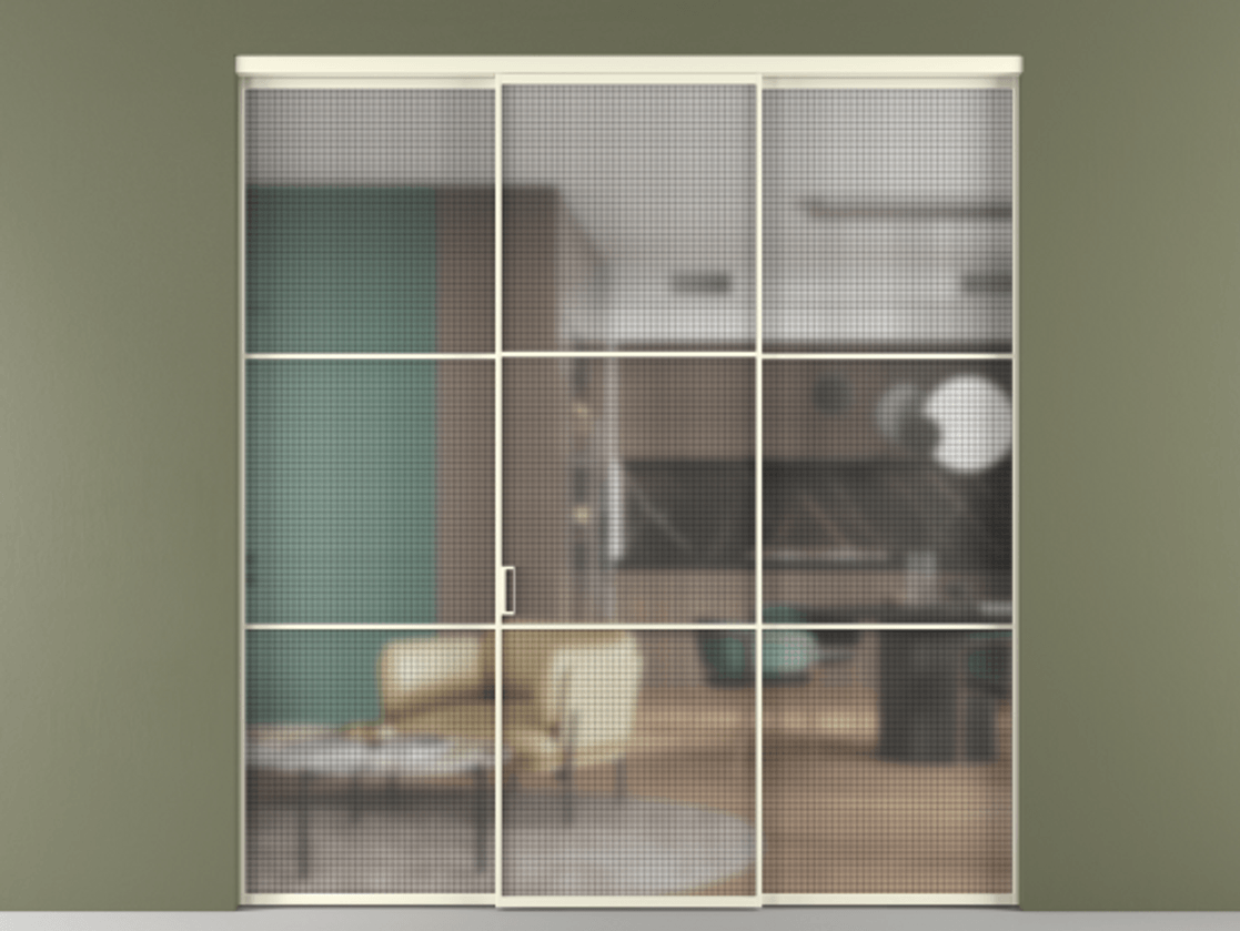 Перегородка Formato внутри проёма 3 створки АЛПР 040.03 Алюминий молочно-белый Декоративное стекло с сеткой "Mesh silver", триплекс Цена 267740 ₽ | Volhovec