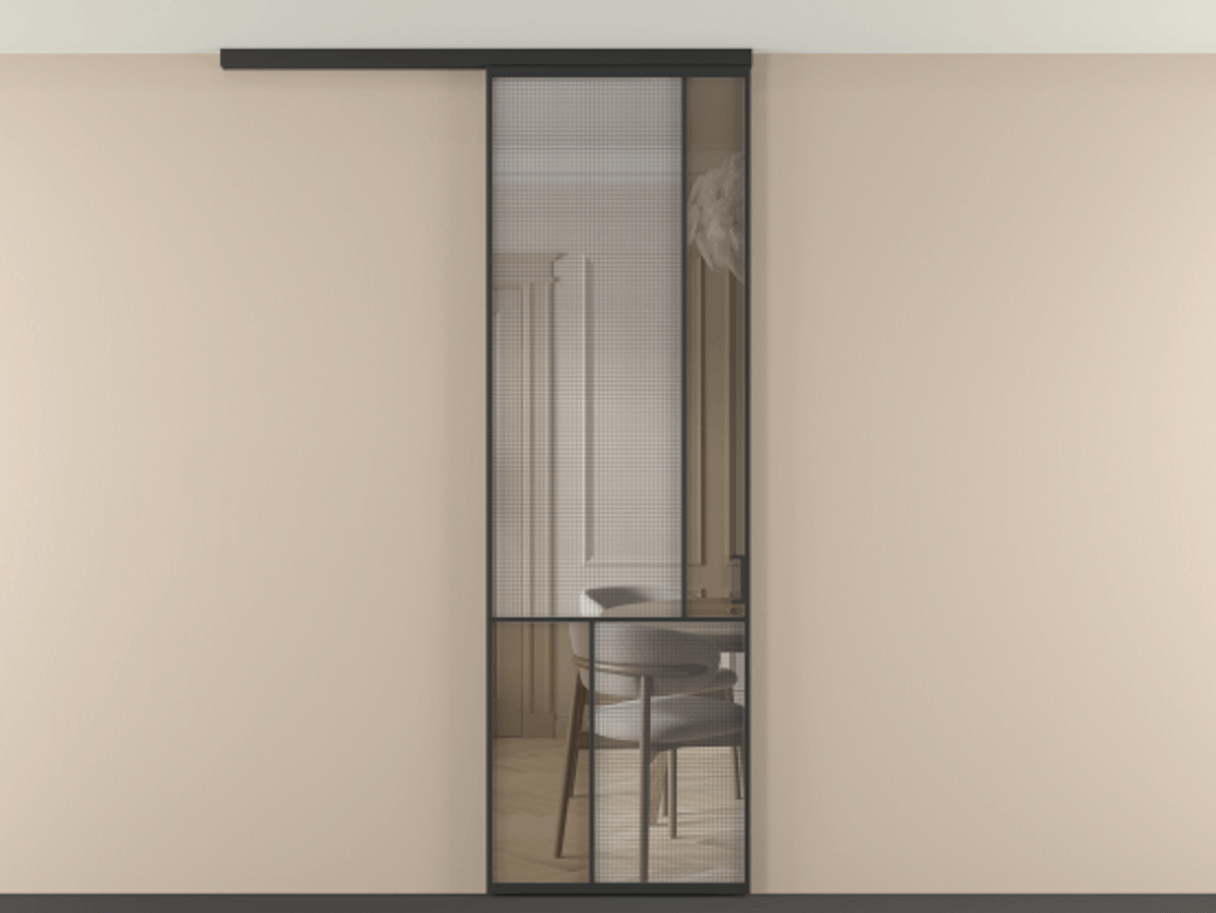 Перегородка Mosaic вдоль стены на потолок 1 створка АЛПР 041.21 Алюминий Черный Декоративное стекло с сеткой "Mesh silver", триплекс, 6 мм + Прозрачное бронзовое стекло, триплекс Цена 135560 ₽ | Volhovec