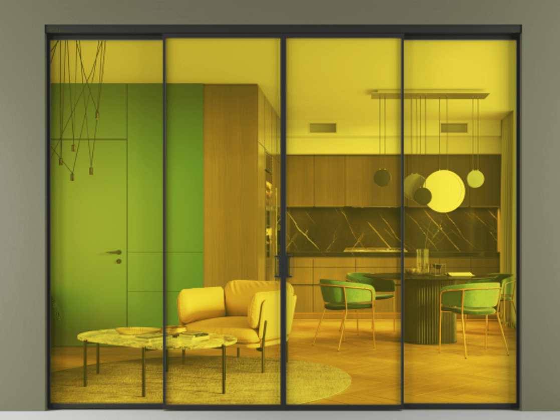 Перегородка Формато внутри проёма 4 створки АЛПР 040.01 Алюминий Черный Прозрачное жёлтое стекло, триплекс Цена 307360 ₽  | Volhovec