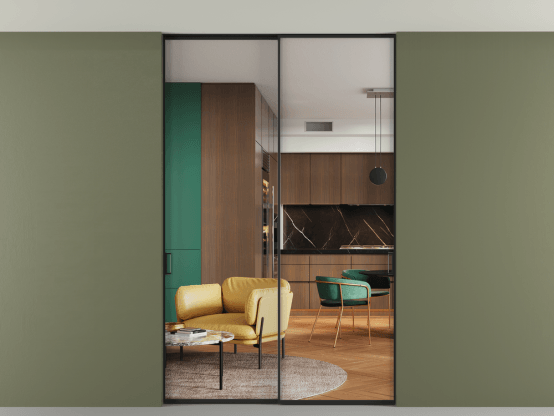 Алюминевая перегородка p2_01 Crystalvision ЧЕР. Цвет Алюминий Черный. Материал Алюминий. Коллекция Перегородка Formato внутри проёма скрытое крепление в потолок 2 створки. Картинка.