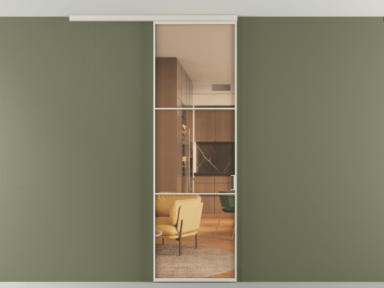 Алюминевая перегородка АЛПР 040.03_АОС_ПРОЗ ОРАНЖ_new. Цвет Алюминий облачно-серый. Материал Алюминий в эмали. Коллекция Перегородка Формато вдоль стены на потолок 1 створка. Картинка.