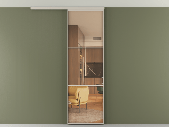 Алюминевая перегородка АЛПР 040.03_АСБЖ_ПРОЗ ОРАНЖ_new. Цвет Алюминий светло-бежевый. Материал Алюминий в эмали. Коллекция Перегородка Формато вдоль стены на потолок 1 створка. Картинка.