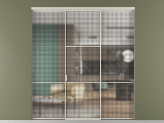 Алюминевая перегородка vn1+2_03_ Алюминий тёплый серый Mesh silver. Цвет Алюминий тёплый серый. Материал Алюминий в эмали. Коллекция Перегородка Formato внутри проёма 3 створки. Картинка.